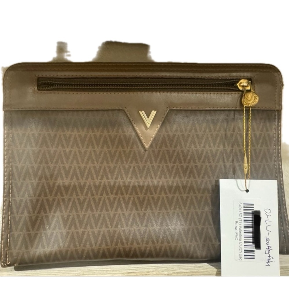 Mario Valentino clutch bag V mark Brown Beige Gold Women Men Authentic